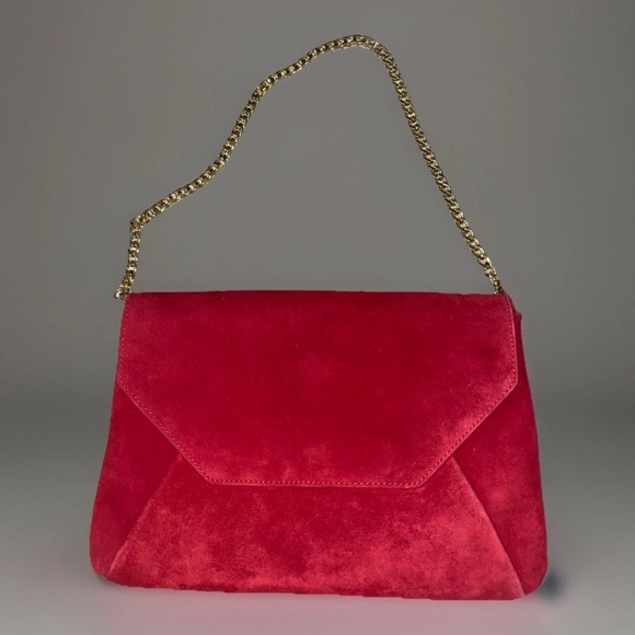 Ann Taylor Red Leather Suede Gold Chain Shoulder‎ Handbag Purse Envelope Design - Picture 1 of 16